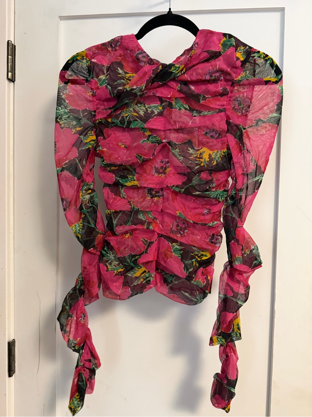 Zara Floral Ruched Long-Sleeve Top - Pink